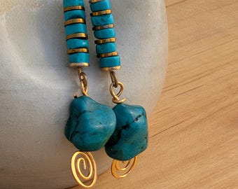 Banded Turquoise Dangle Earrings: Brass & Art Glass, 2-inch Drop