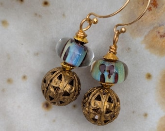 Blue & Green Art Glass Dangle Earrings: Brass Filigree Elements, Gold Filled Earrings