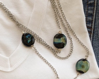 Layered Chain Necklace: Blue Black Art Glass Pendant, Stainless Steel