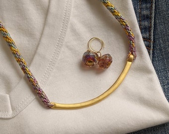 Woven Pastel Necklace: Hand-Dyed Rayon with Gold Bar