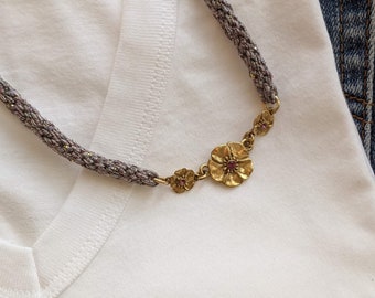 Forget Me Not Floral Necklace, Upcycled Bezel Set Pendant, Purple with Gold Threads Necklace