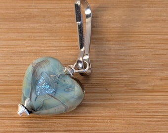 Glass Heart Zipper Charm, Purse Pull, Aqua Blue on Silver or Gold, Heart-Shaped Dangle