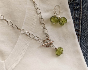 Olive Green Glass Bead Necklace and Earrings Set: Silver Toggle Clasp