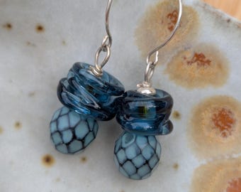 Vintage Pigeon Blue Glass Earrings: Sterling Silver & Honeycomb Glass Dangles