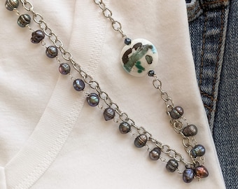 Peacock Pearl Necklace Earring Set: Silver Chain, Art Glass Pendant