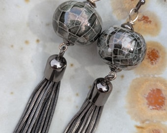 Long Drop Tassel Earrings: Charcoal Gun Metal & Black Glazed Ceramic
