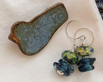 Blue Pottery Bird Pin & Art Glass Sterling Silver Earrings Set