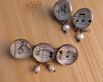 Musical Note Earrings and Brooch Set: Handmade Pearl Dangles
