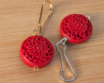 Cinnabar Coin Zipper Charm, Red Purse Pull, Stone on Silver or Gold, Good Fortune