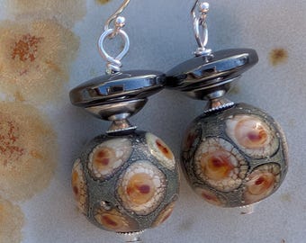 Art Glass Lantern Earrings: Sterling Silver, Hematite Dangles