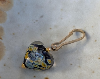 Glass Heart Zipper Charm, Navy Blue + Gold, Cardi Pendant, Heart-Shaped Dangle