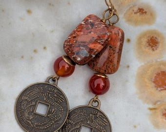 Carnelian & Dragon Medallion Dangle Earrings, Long Drop Flame Jasper Earrings, 14k GF