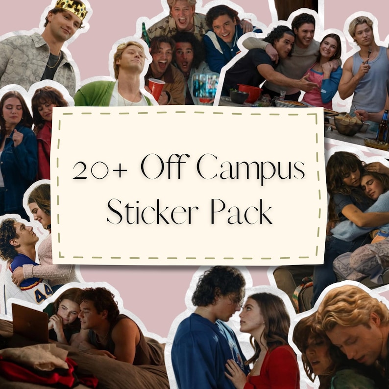 May include: A sticker pack featuring over 20 individual die-cut stickers displaying various scenes of young adults in social and romantic settings, with a central cream-colored rectangular label printed with the text 20+ Off Campus Sticker Pack.