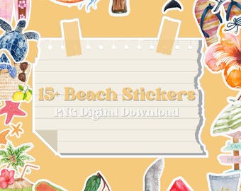 Strandklistermärkespaket PNG Sommar Digitala klistermärken Goodnotes Planner Stickers Akvarell Kustklistermärken Direkt Nedladdning