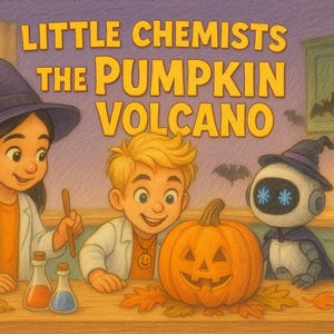 Può includere: Illustrazione a tema Halloween con il testo "Little Chemists The Pumpkin Volcano". Una zucca intagliata è su un tavolo con bambini e un robot. I bambini indossano camici da laboratorio e cappelli da strega.