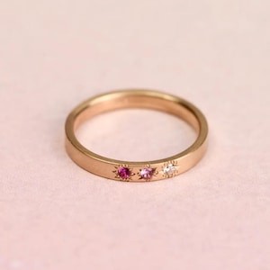 Minimalist Three Stone Ring, Ruby Sapphire Moissanite 18k Gold Streling Silver, Everyday Stacking Ring Gift for Her