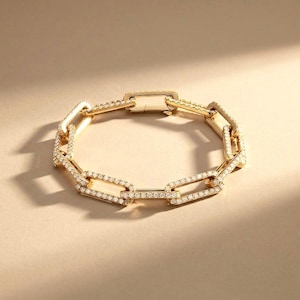 Gold Vermeil Paperclip Armband | Pavé Moissanit Link, Geschenk zum Jahrestag