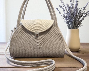 Handgemachte Seil Tasche | Neutral Beige Schultertasche | Gewebte Crossbody-Handtasche