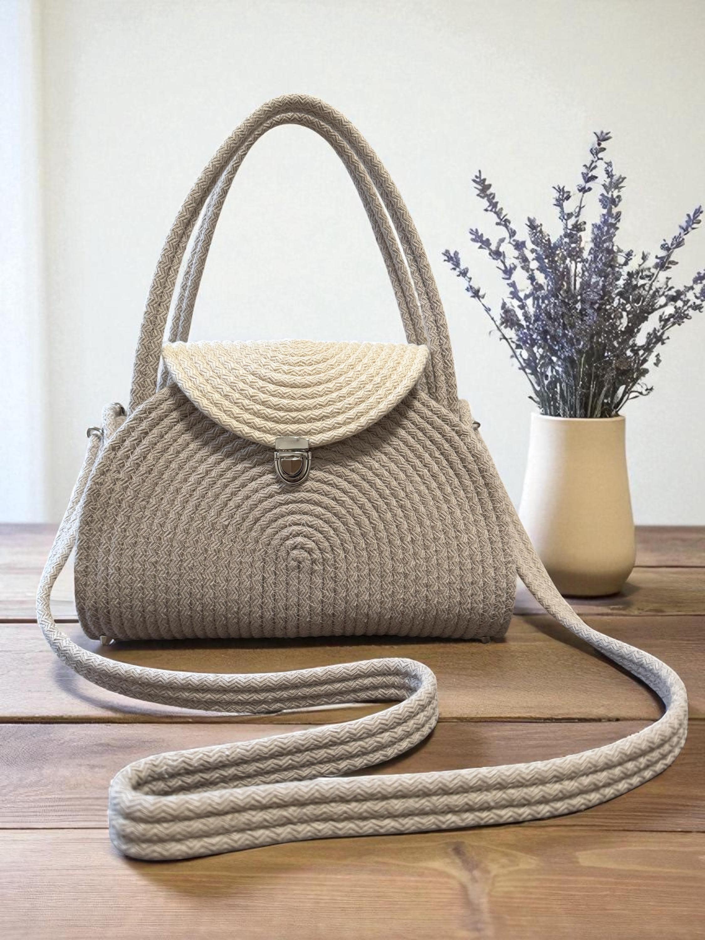 accent rope shoulder bag／beige quilt Handmade Rope Bag | Neutral Beige Shoulder Purse | Woven Crossbody