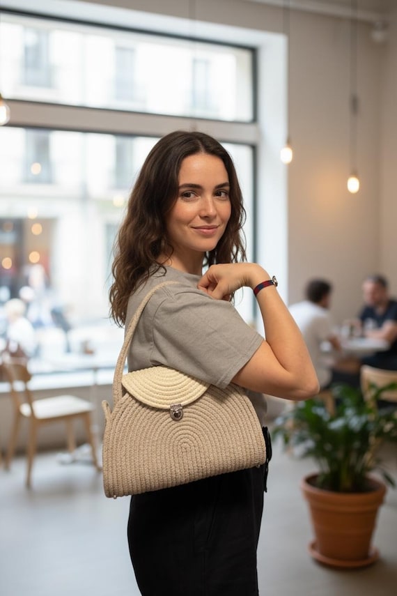 Handmade Rope Bag | Neutral Beige Shoulder Purse | Woven Crossbody