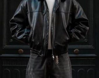 Handmade Vintage Black Leather Bomber Jacket for Mens 90s Retro