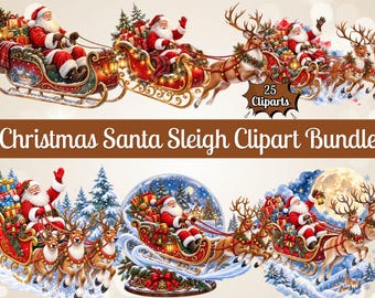 Christmas Santa Sleigh Clipart Bundle, 25 PNGs, Reindeer, Gifts (Digital Download)
