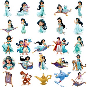 May include: A collection of illustrations featuring Princess Jasmine from Disney's Aladdin. The images showcase Jasmine in various poses and outfits, including riding a magic carpet, with Aladdin, and with the Genie. The color palette is dominated by teal, gold, and purple.