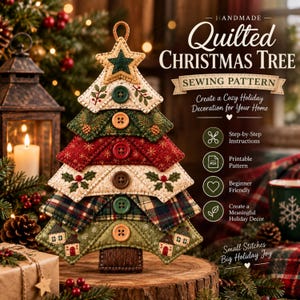 Puede incluir: Un patrón de costura para árbol de Navidad acolchado con diseño de tela en capas, botones, una estrella en la punta y detalles bordados. El texto dice: HANDMADE Quilted CHRISTMAS TREE SEWING PATTERN, Create a Cozy Holiday Decoration for Your Home.
