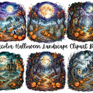 Watercolor Halloween Landscape PNG Bundle, Haunted House Clipart, Spooky Pumpkin Patch Scene, Autumn Sublimation Art PNG.