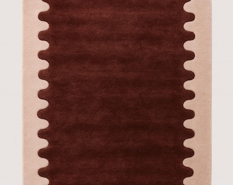 Hand Tufted Brown Rug, Burgundy Abstract Scallop Pattern, Modern Pink Border Carpet, Contemporary Bedroom Living Room Décor, Custom Size