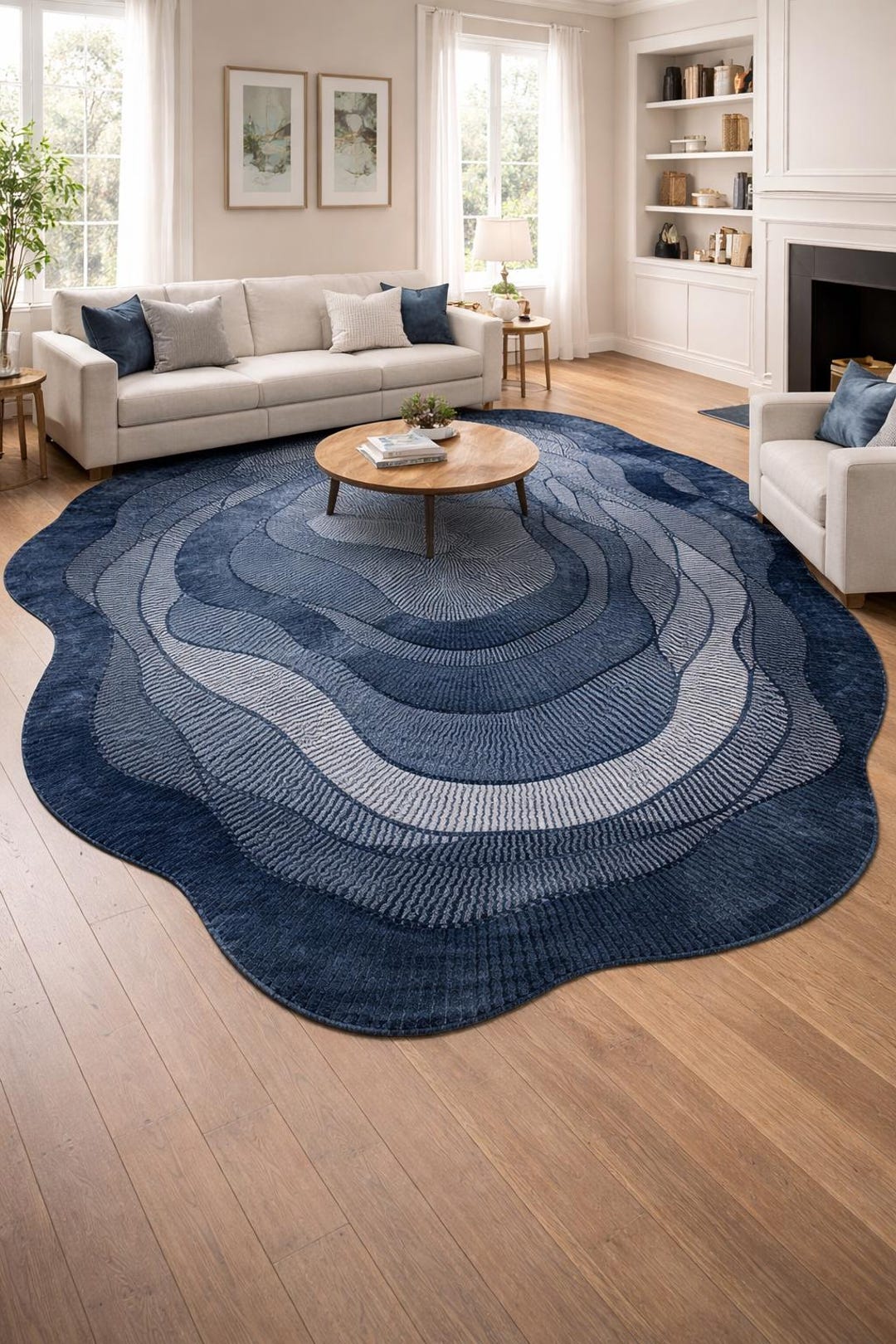 Modern Blue Abstract Round Area Rug for Living Room | Hand Tufted ...
