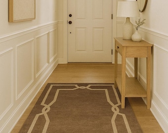 Hand Tufted Brown Wool Rug, Modern Geometric Border Area Rug, Neutral Contemporary Carpet, Luxury Living Room Rug, Custom Size