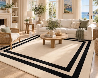 Hand Tufted Modern Border Rug, Cream Black Wool Area Rug for Living Room, Minimalist Home Décor, Custom size rug