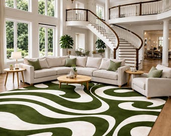 Hand Tufted Green White Wave Rug, Organic Modern Area Rug, Abstract Wavy Carpet, Contemporary Living Room Décor, Biomorphic Pattern