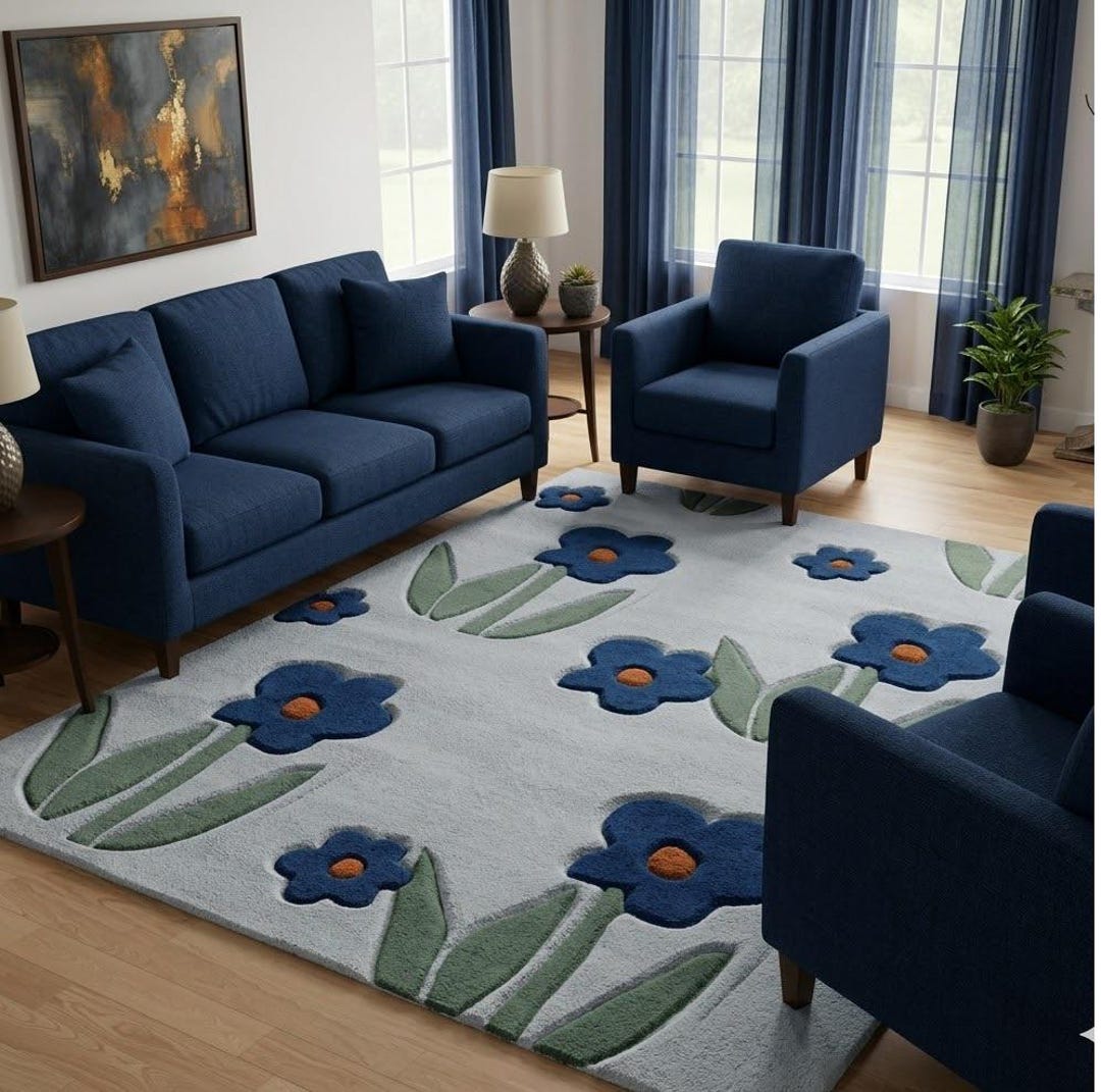 Hand Tufted Wool Rug Blue Floral Area Rug for Living Room Bedroom ...