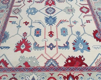 Hand Knotted Wool Oushak Rug, Turkish Floral Medallion Carpet, Cream Blue Red Home Decor