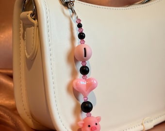 Pink Pig Beaded Bag Charm • Heart Zipper Pull Accessory