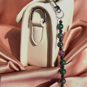 Green and Pink Jasper Beaded Bag Charm • Black Matte Beads with Silver Turtle • Handmade Zipper Pull Purse & Backpack Accessory