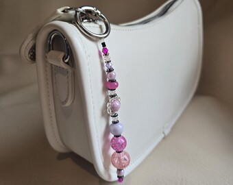 Handmade Pink Crystal Pearl Crackle BeadBag Charm • Beaded Zipper Pull Keychain