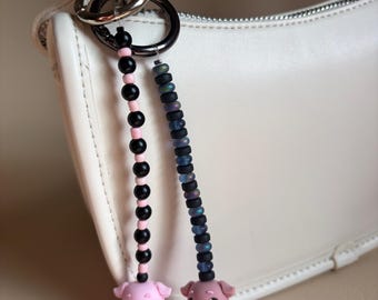 Handmade Beaded Pig Keychain – Pink & Brown Bag Charm Zipper Pull