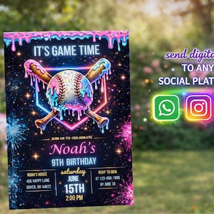 May include: A baseball-themed birthday invitation with a vibrant design. The invitation features a baseball and crossed bats with a neon outline, the text "IT'S GAME TIME", and details for Noah's 9th birthday.