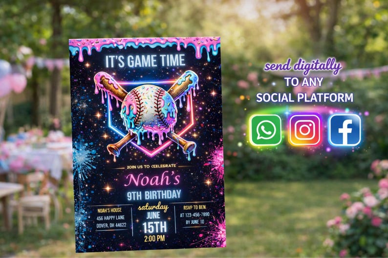 May include: A baseball-themed birthday invitation with a vibrant design. The invitation features a baseball and crossed bats with a neon outline, the text "IT'S GAME TIME", and details for Noah's 9th birthday.