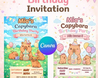 カピバラの誕生日招待状、かわいいカピバラの招待状、編集可能なCanvaテンプレート、かわいいキッズパーティー、デジタルダウンロード 5x7
