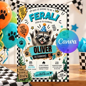 Inbjudan till tvättbjörnsfödelsedag, festinbjudan för vild och fem, roligt skogsdjurs 5-årsdag, redigerbar Canvas-mall, digital nedladdning