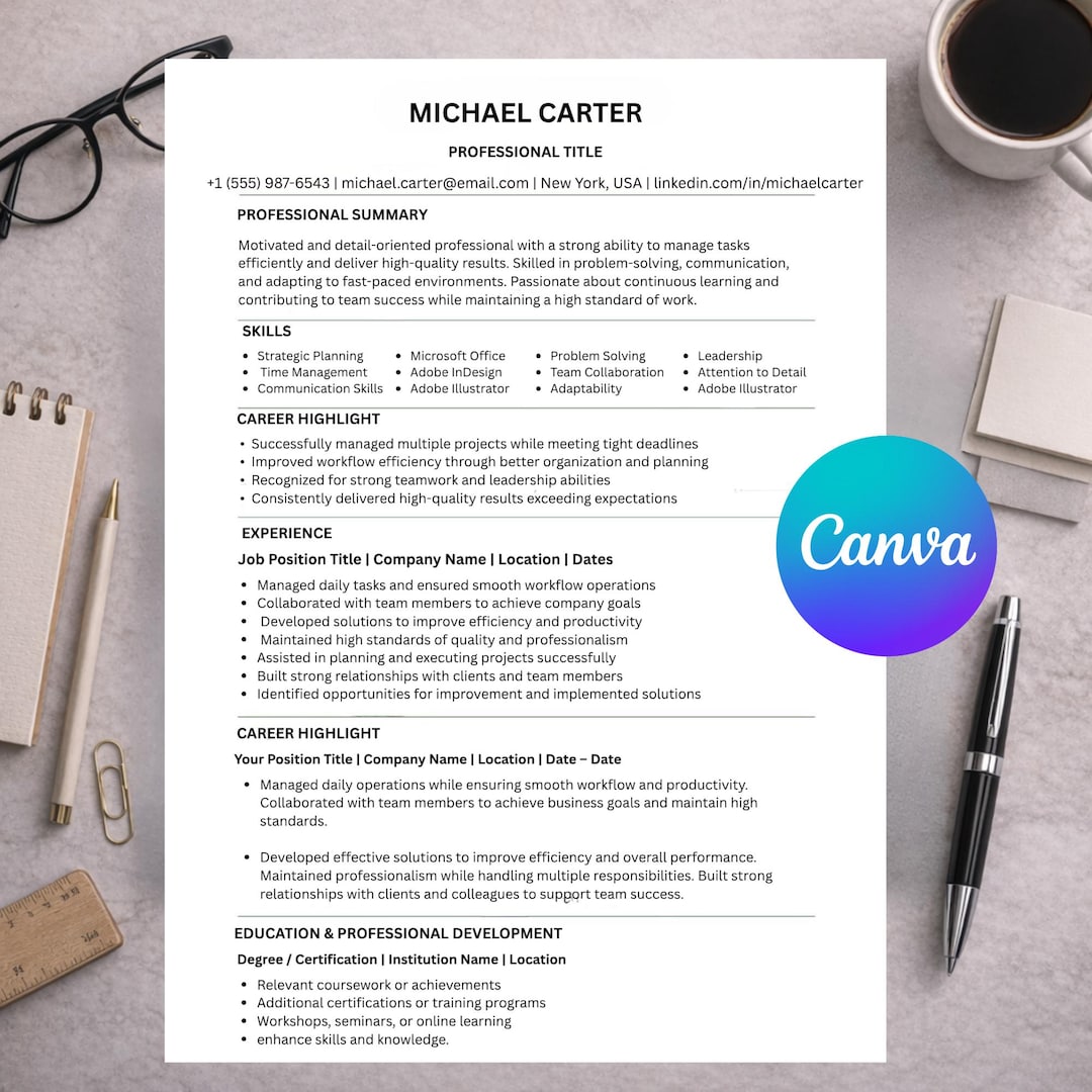 Modern Clean Minimalist Resume Template Canva Editable | ATS Friendly ...