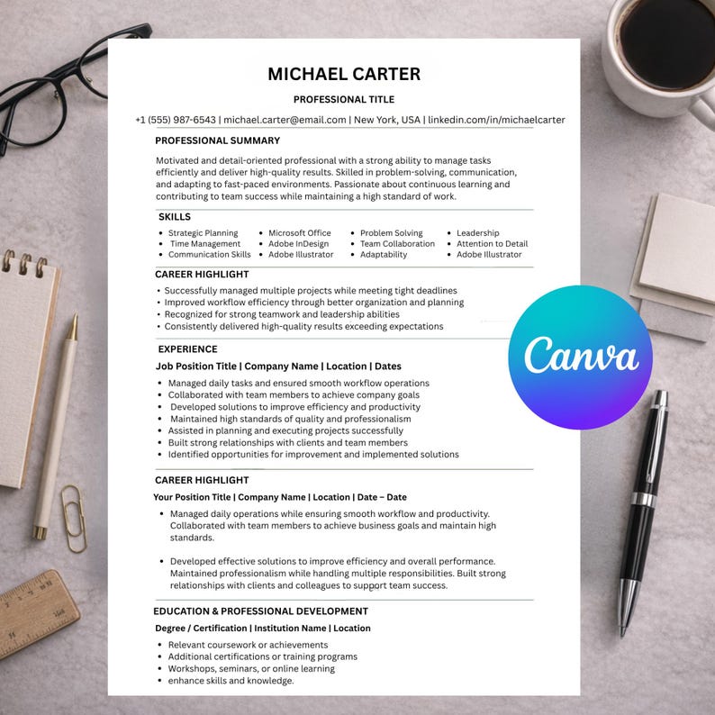 Modern Clean Minimalist Resume Template Canva Editable | ATS Friendly ...