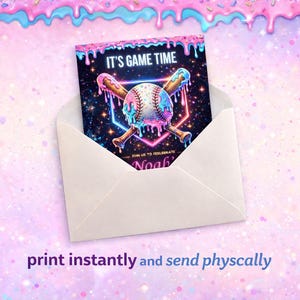 May include: A baseball-themed invitation card with the text "IT'S GAME TIME" and a baseball and bats design, presented in a white envelope. The card has a colorful, neon-style design with a pink and blue background. The invitation is for Noah.