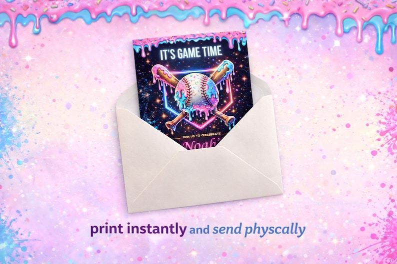 May include: A baseball-themed invitation card with the text "IT'S GAME TIME" and a baseball and bats design, presented in a white envelope. The card has a colorful, neon-style design with a pink and blue background. The invitation is for Noah.