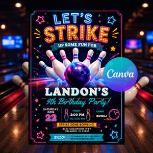 Może przedstawiać: Zaproszenie na urodziny z motywem kręgli z neonowym napisem LET'S STRIKE UP SOME FUN FOR LANDON'S 9th Birthday Party! Projekt zawiera białe kręgle, fioletową kulę do kręgli oraz szczegóły wydarzenia zaplanowanego na 22 czerwca.