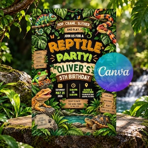 Puede incluir: Una invitación para fiesta de cumpleaños con temática de reptiles que muestra un camaleón, serpiente, rana y tortuga entre follaje selvático. El texto incluye: Hop, Crawl, Slither and Play, Join Us for a Reptile Party, Oliver's 5th Birthday.